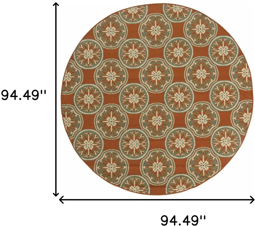 8' Rust Round Floral Stain Resistant Indoor Outdoor Area Rug Photo 4