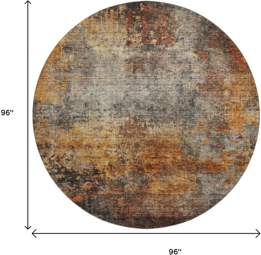 8' Rust Silver And Gray Abstract Washable Round Rug With UV Protection Photo 9