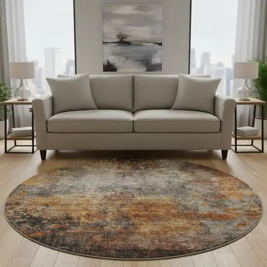 8' Rust Silver And Gray Abstract Washable Round Rug With UV Protection Photo 2