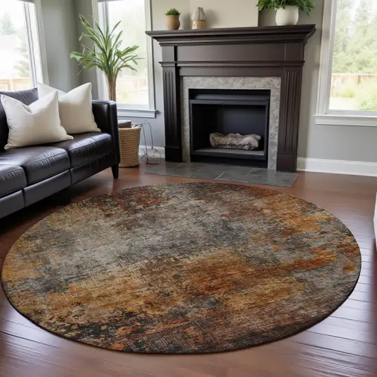 8' Rust Silver And Gray Abstract Washable Round Rug With UV Protection Photo 4