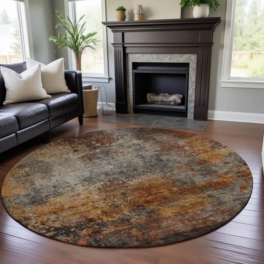 8' Rust Silver And Gray Abstract Washable Round Rug With UV Protection Photo 4