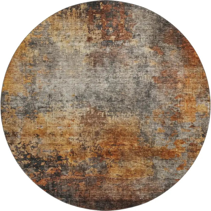 8' Rust Silver And Gray Abstract Washable Round Rug With UV Protection Photo 1