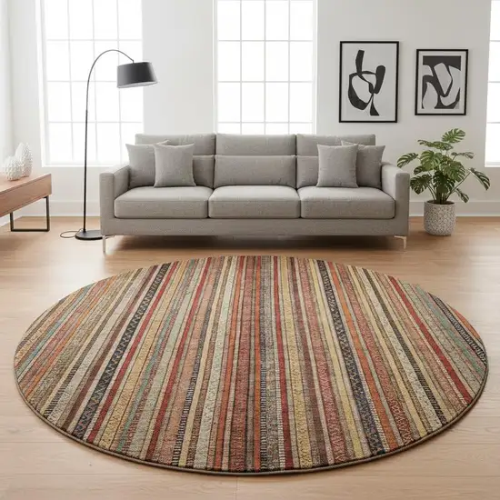 8' Rust Taupe And Gray Striped Washable Round Rug With UV Protection Photo 2