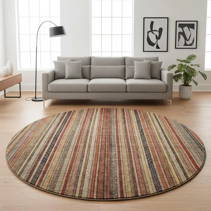 8' Rust Taupe And Gray Striped Washable Round Rug With UV Protection Photo 2