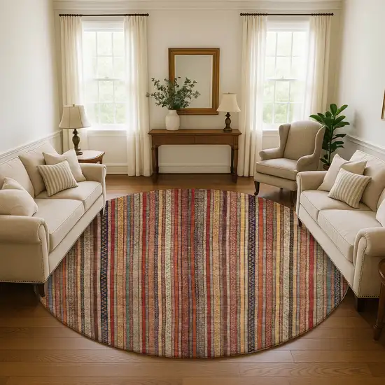 8' Rust Taupe And Gray Striped Washable Round Rug With UV Protection Photo 4