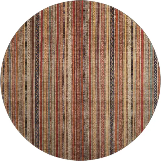 8' Rust Taupe And Gray Striped Washable Round Rug With UV Protection Photo 1