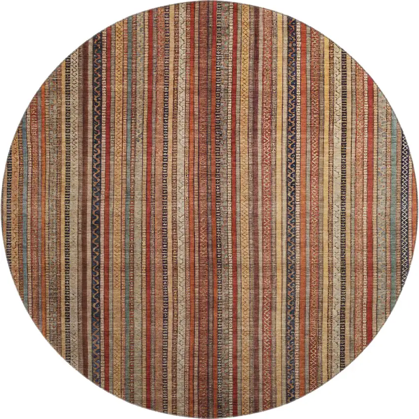 8' Rust Taupe And Gray Striped Washable Round Rug With UV Protection Photo 1