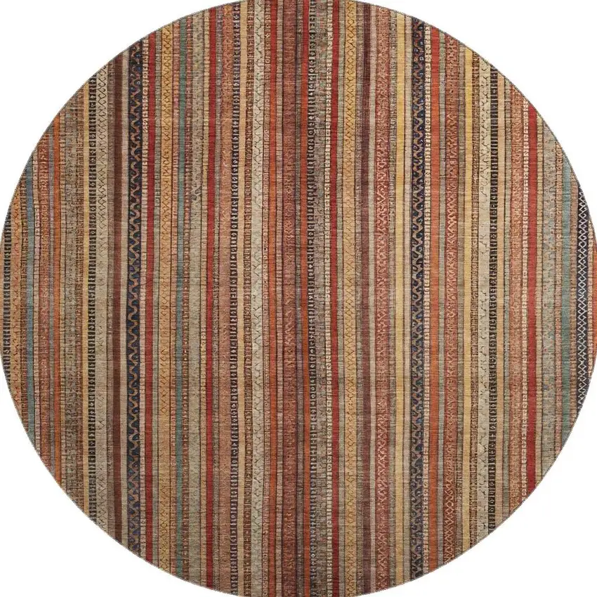 8' Rust Taupe And Gray Striped Washable Round Rug With UV Protection Photo 3