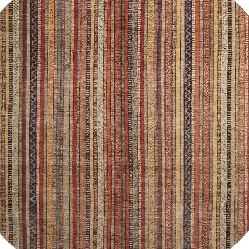 8' Rust Taupe And Gray Striped Washable Round Rug With UV Protection Photo 2