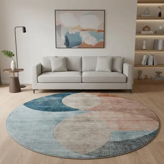 8' Rust Teal And Beige Geometric Washable Round Rug With UV Protection Photo 2