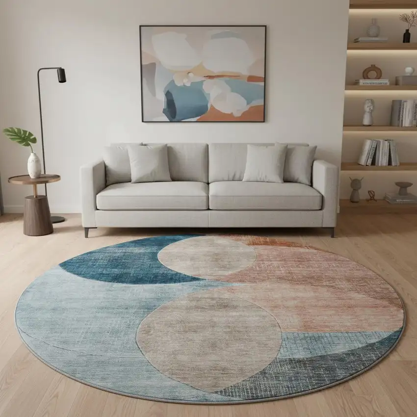 8' Rust Teal And Beige Geometric Washable Round Rug With UV Protection Photo 2