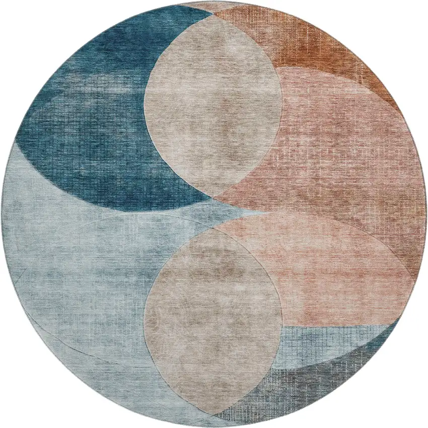 8' Rust Teal And Beige Geometric Washable Round Rug With UV Protection Photo 1