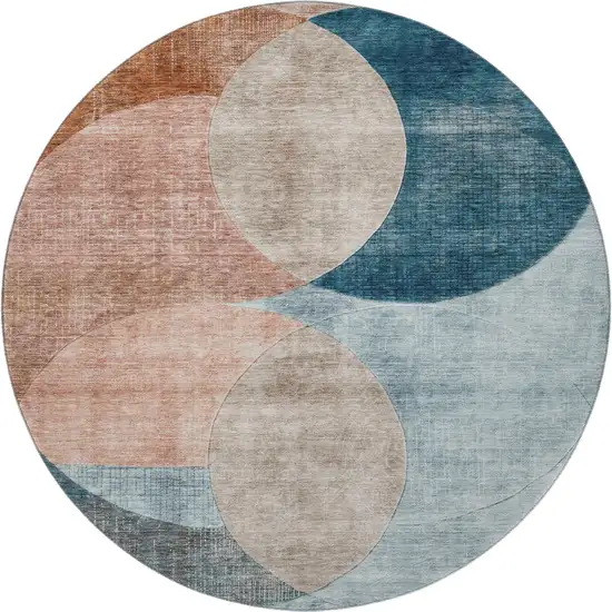 8' Rust Teal And Beige Geometric Washable Round Rug With UV Protection Photo 3