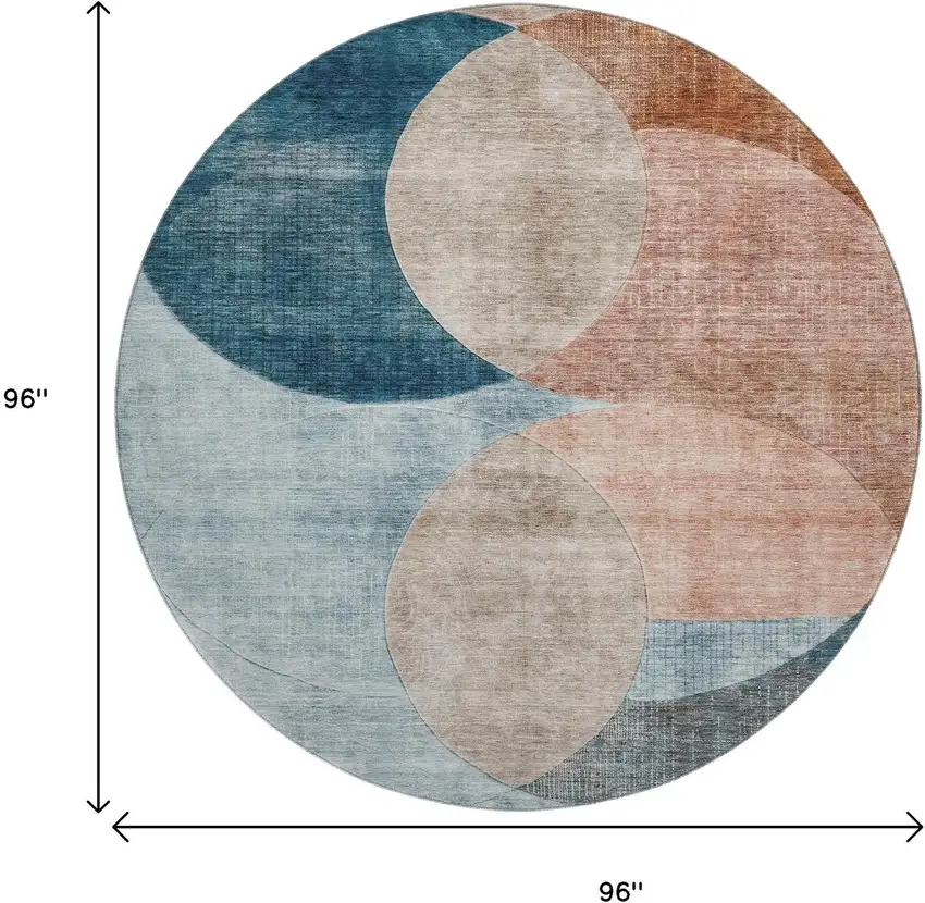 8' Rust Teal And Beige Geometric Washable Round Rug With UV Protection Photo 9
