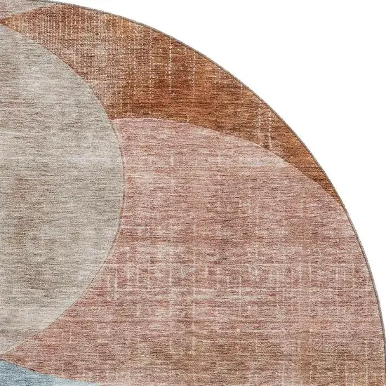8' Rust Teal And Beige Geometric Washable Round Rug With UV Protection Photo 2