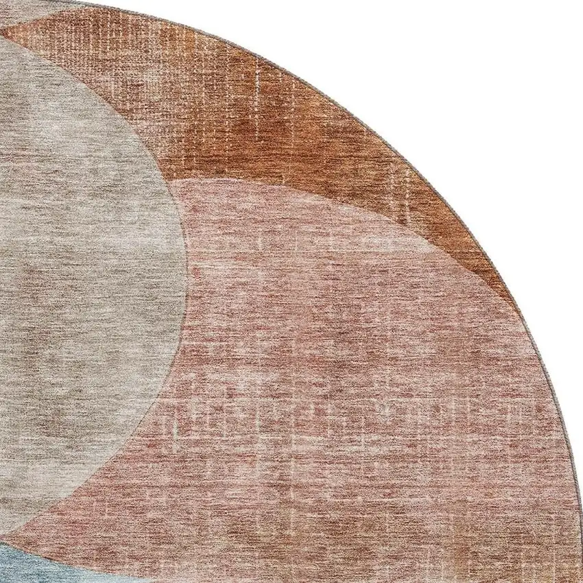8' Rust Teal And Beige Geometric Washable Round Rug With UV Protection Photo 2