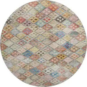 Photo of 8' Rust Teal And Brown Geometric Washable Round Rug With UV Protection