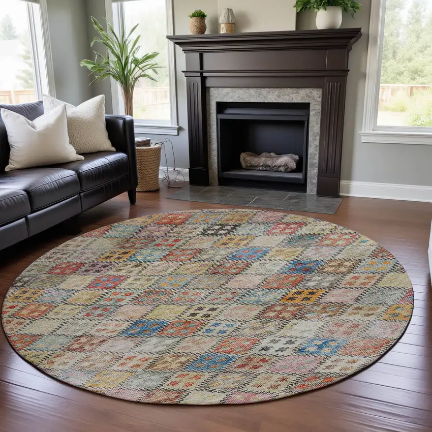 8' Rust Teal And Brown Geometric Washable Round Rug With UV Protection Photo 4