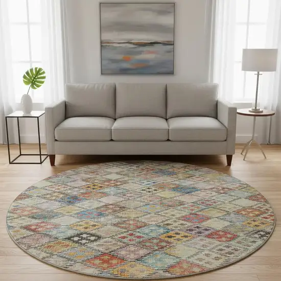 8' Rust Teal And Brown Geometric Washable Round Rug With UV Protection Photo 1