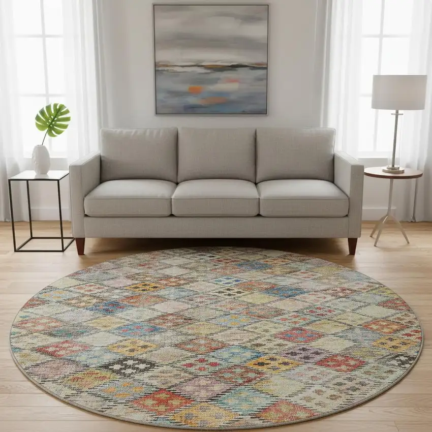 8' Rust Teal And Brown Geometric Washable Round Rug With UV Protection Photo 1