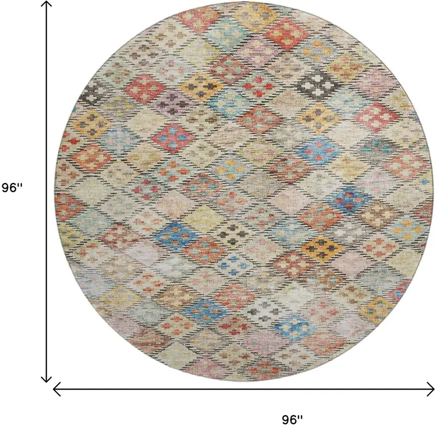 8' Rust Teal And Brown Geometric Washable Round Rug With UV Protection Photo 9