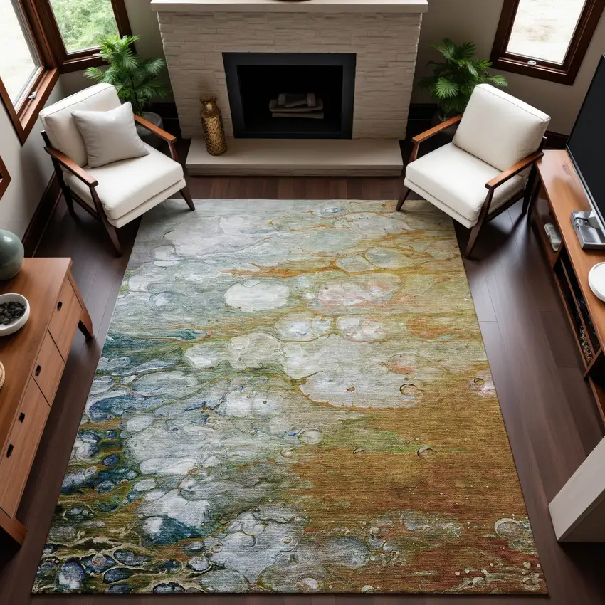8' Rust Teal And Gray Abstract Washable Area Rug With UV Protection Photo 4