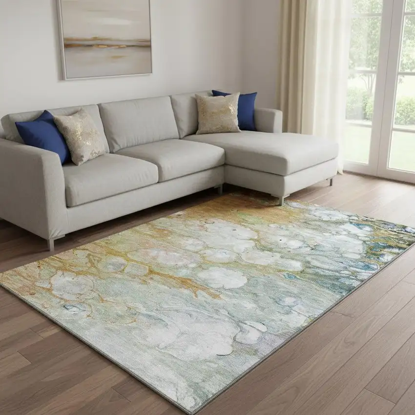 8' Rust Teal And Gray Abstract Washable Area Rug With UV Protection Photo 2