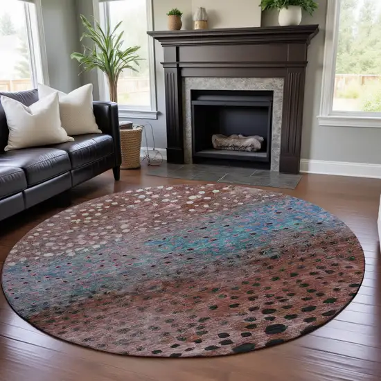 8' Rust Teal And Ivory Polka Dot Washable Round Rug With UV Protection Photo 3