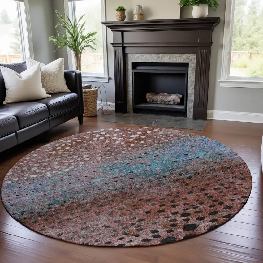 8' Rust Teal And Ivory Polka Dot Washable Round Rug With UV Protection Photo 3