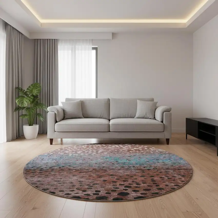 8' Rust Teal And Ivory Polka Dot Washable Round Rug With UV Protection Photo 2