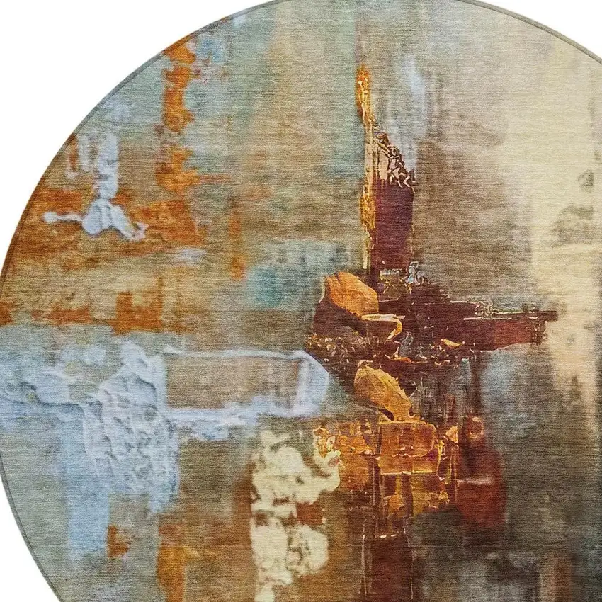 8' Rust Teal Blue And Beige Round Abstract Washable Indoor Outdoor Area Rug Photo 5