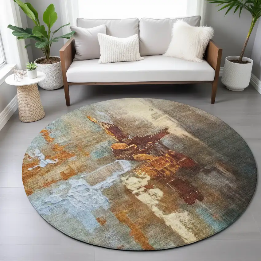 8' Rust Teal Blue And Beige Round Abstract Washable Indoor Outdoor Area Rug Photo 8
