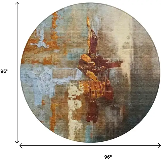 8' Rust Teal Blue And Beige Round Abstract Washable Indoor Outdoor Area Rug Photo 9