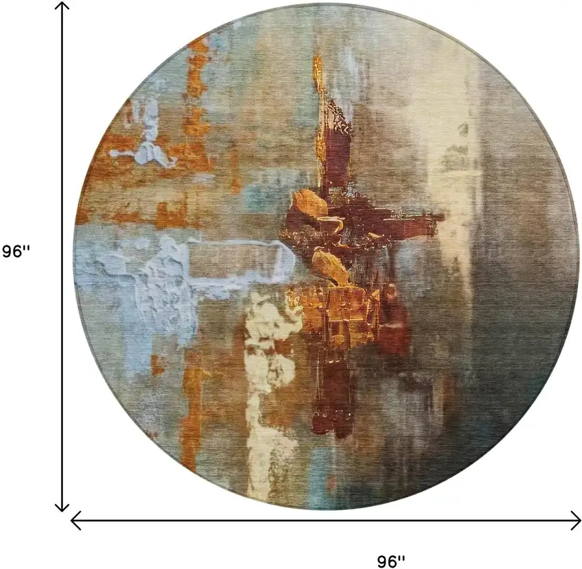 8' Rust Teal Blue And Beige Round Abstract Washable Indoor Outdoor Area Rug Photo 9