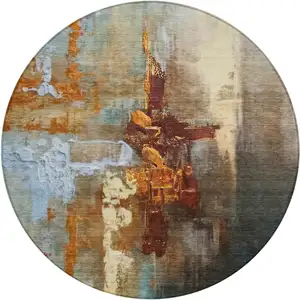 Photo of 8' Rust Teal Blue And Beige Round Abstract Washable Indoor Outdoor Area Rug