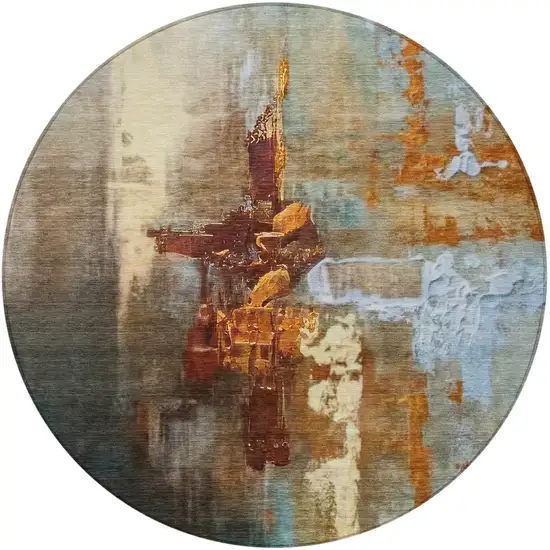 8' Rust Teal Blue And Beige Round Abstract Washable Indoor Outdoor Area Rug Photo 3