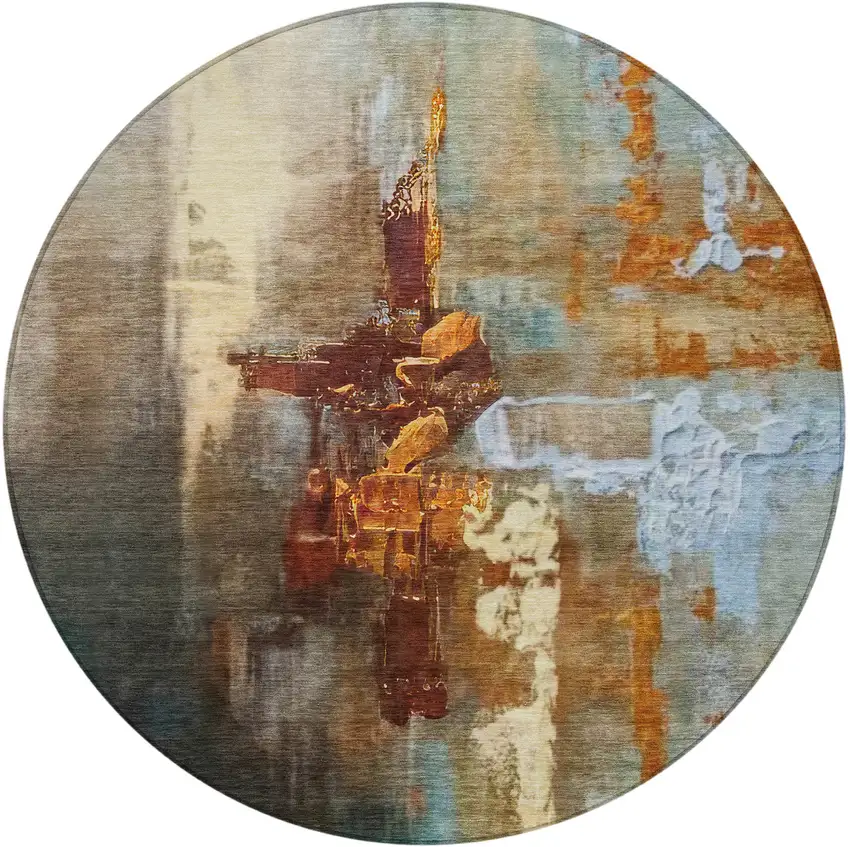 8' Rust Teal Blue And Beige Round Abstract Washable Indoor Outdoor Area Rug Photo 3