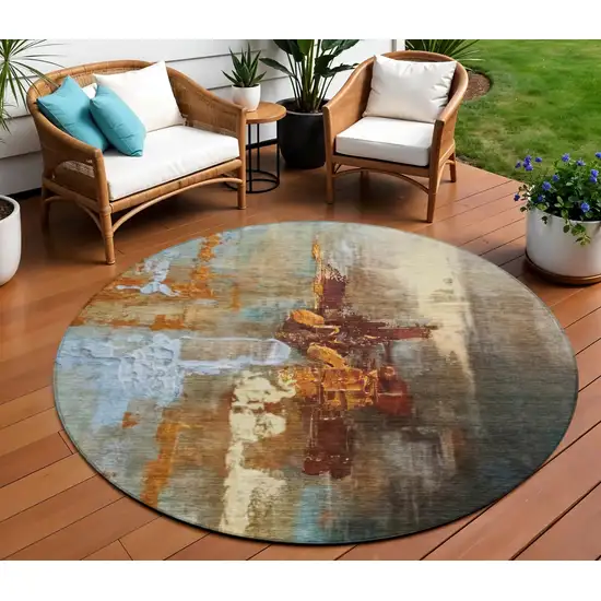 8' Rust Teal Blue And Beige Round Abstract Washable Indoor Outdoor Area Rug Photo 2