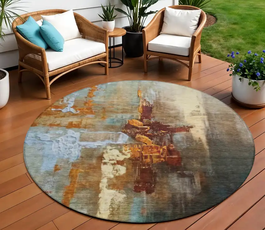 8' Rust Teal Blue And Beige Round Abstract Washable Indoor Outdoor Area Rug Photo 2