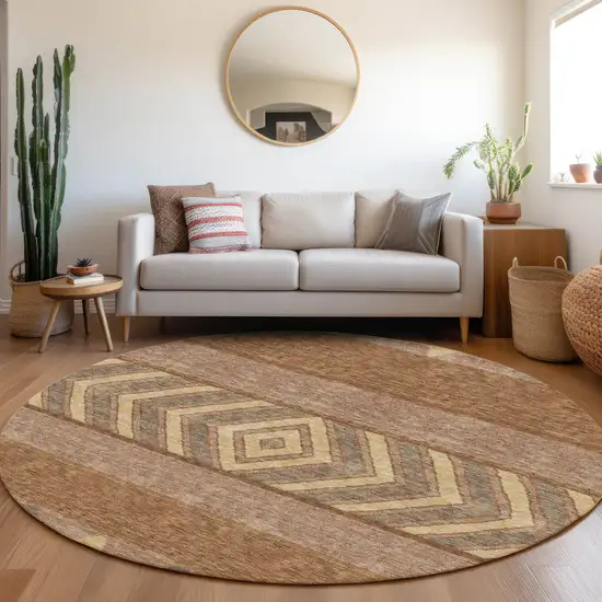 8' Rust Wheat And Taupe Southwestern Washable Round Rug With UV Protection Photo 4