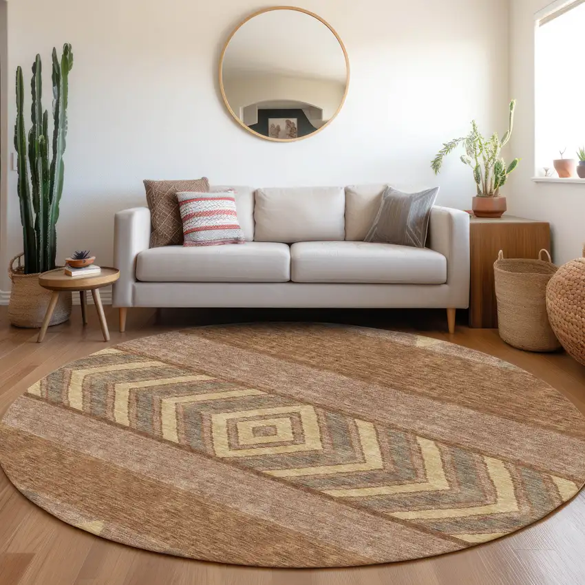 8' Rust Wheat And Taupe Southwestern Washable Round Rug With UV Protection Photo 4