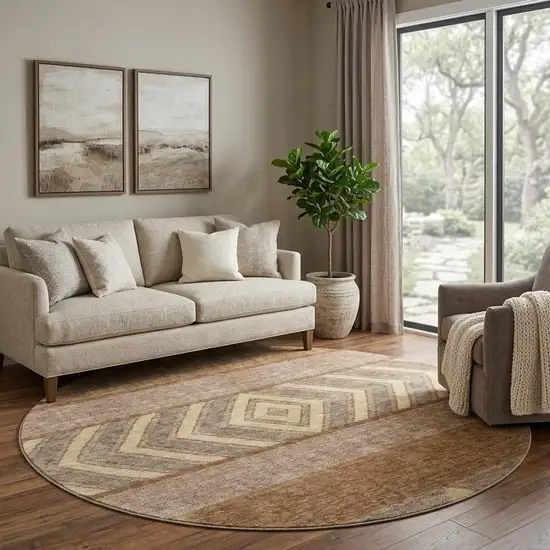 8' Rust Wheat And Taupe Southwestern Washable Round Rug With UV Protection Photo 1