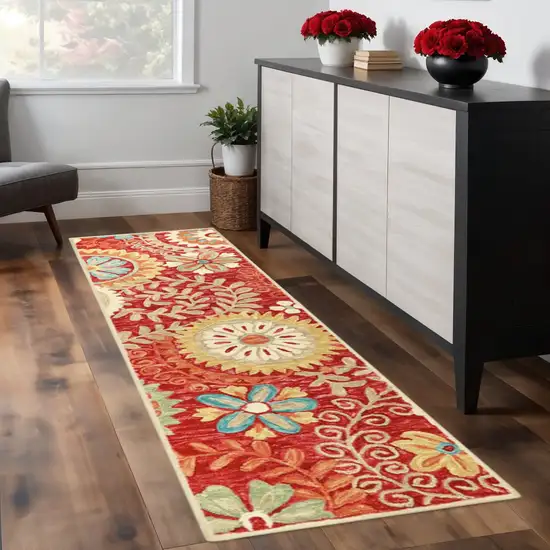 8' Rust Red And Teal Wool Medallion Hand Tufted Runner Rug Photo 1