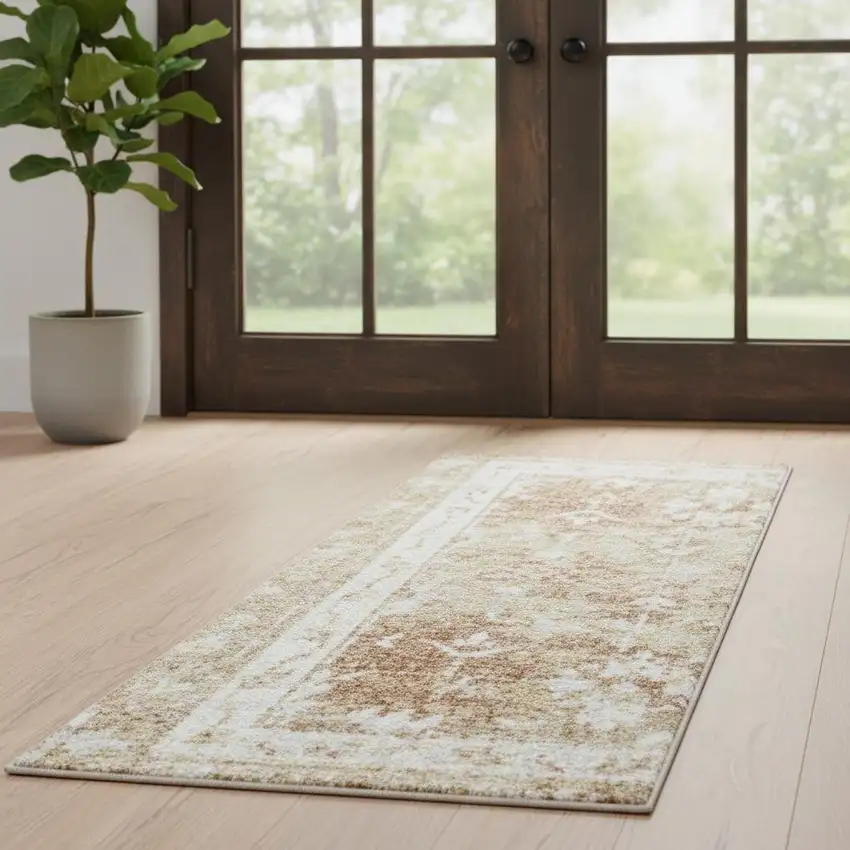 6' Rust and Ivory Floral Power Loom Worn Faded Runner Rug Photo 1