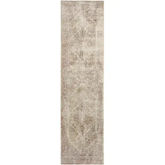 8' Rust and Ivory Floral Power Loom Worn Faded Runner Rug Photo 6