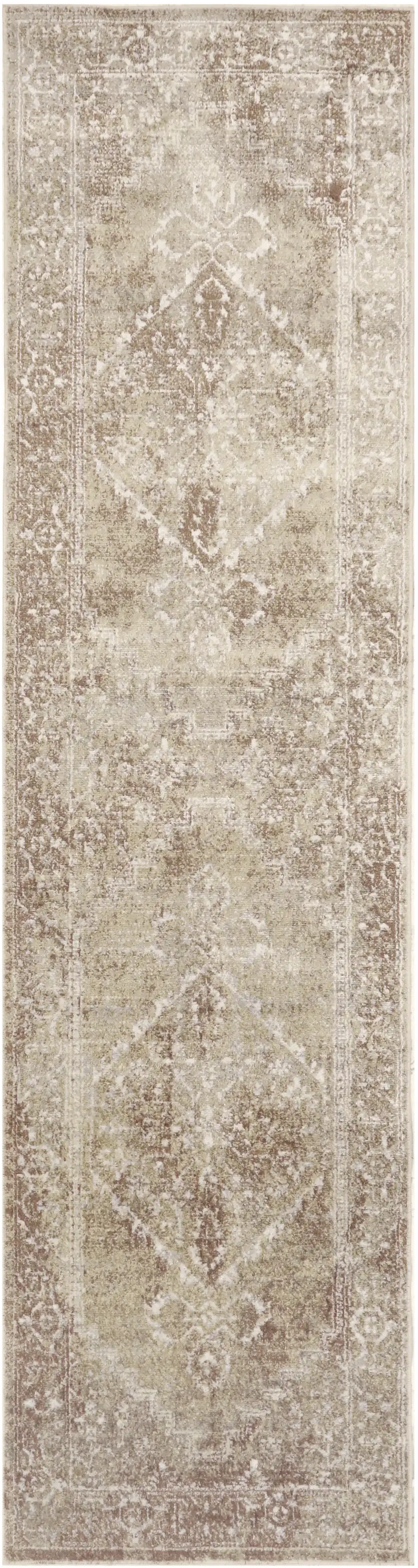 8' Rust and Ivory Floral Power Loom Worn Faded Runner Rug Photo 6