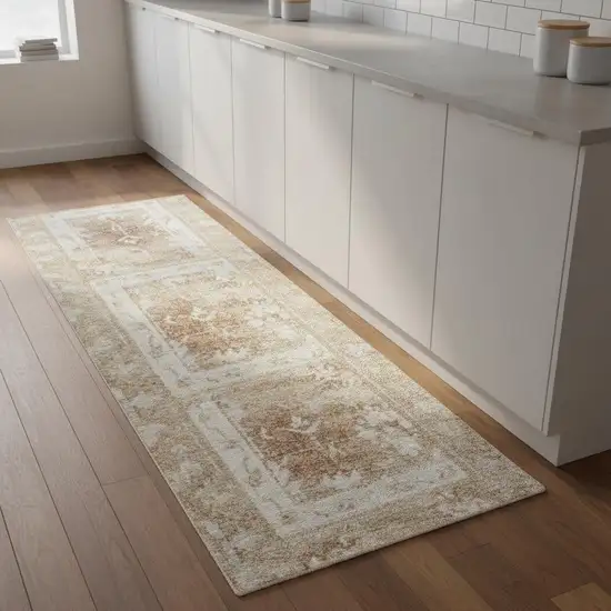 8' Rust and Ivory Floral Power Loom Worn Faded Runner Rug Photo 1