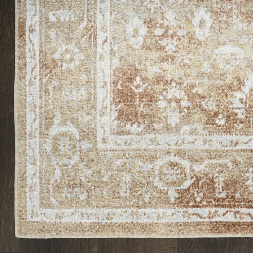 8' Rust and Ivory Floral Power Loom Worn Faded Runner Rug Photo 9