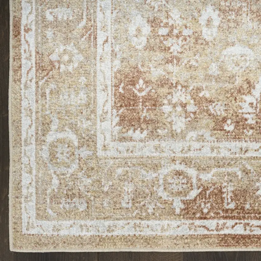 8' Rust and Ivory Floral Power Loom Worn Faded Runner Rug Photo 8
