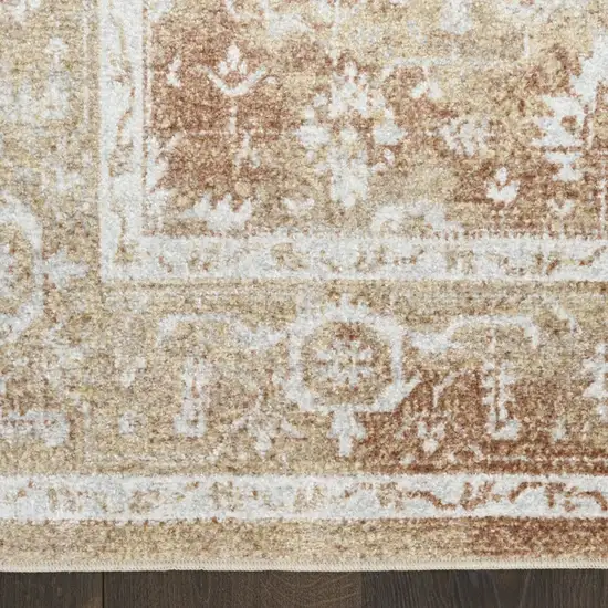 8' Rust and Ivory Floral Power Loom Worn Faded Runner Rug Photo 7